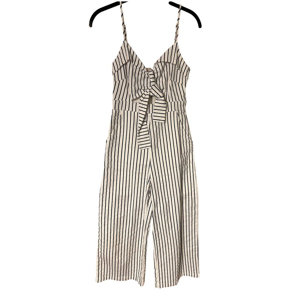 Main Strip Womens Black White Striped Tie Front Wide Leg Jumpsuit Small Cutout - Picture 3 of 13